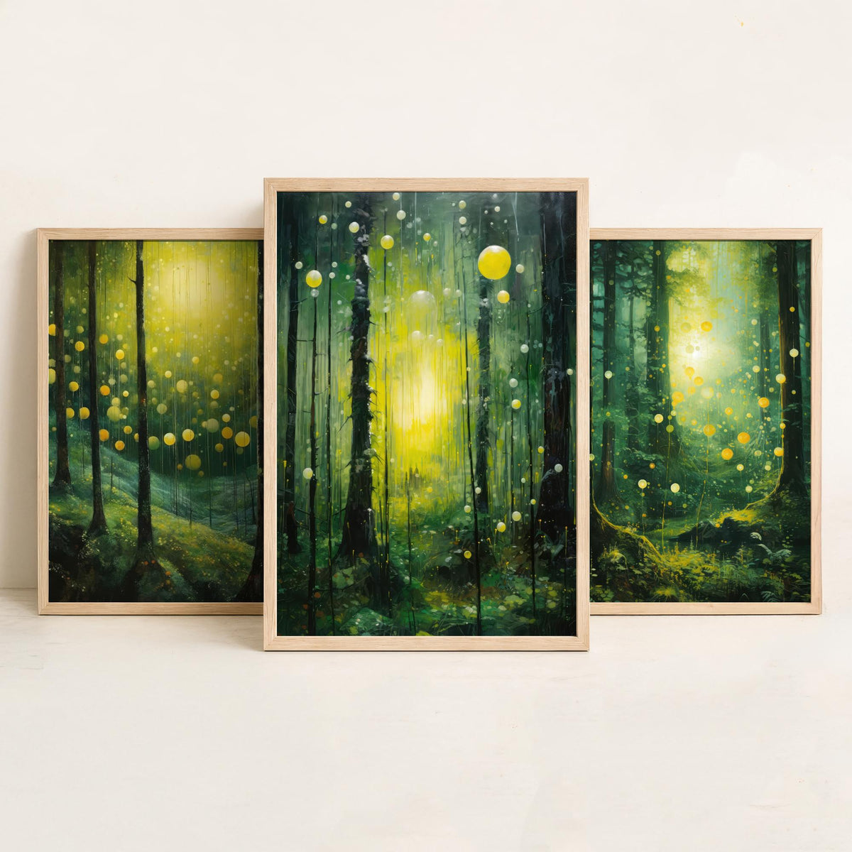 Enchanted Green Forest Set of Three Art Prints - Glowing Yellow Light and Fireflies - Moody Woodland Painting Poster