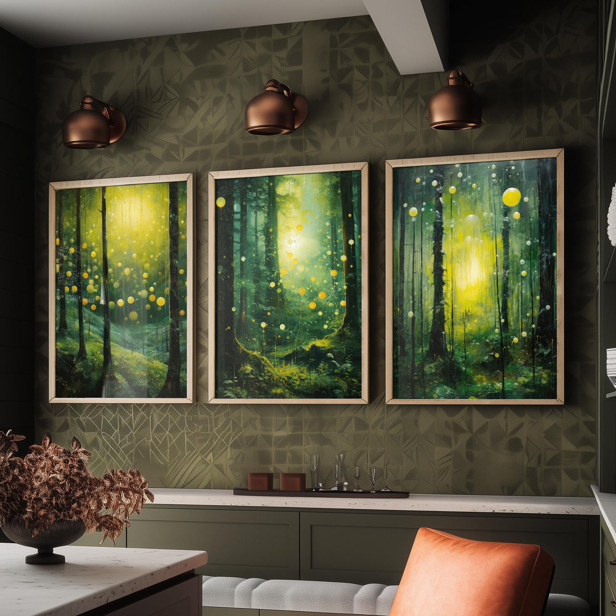 Enchanted Green Forest Set of Three Art Prints - Glowing Yellow Light and Fireflies - Moody Woodland Painting Poster