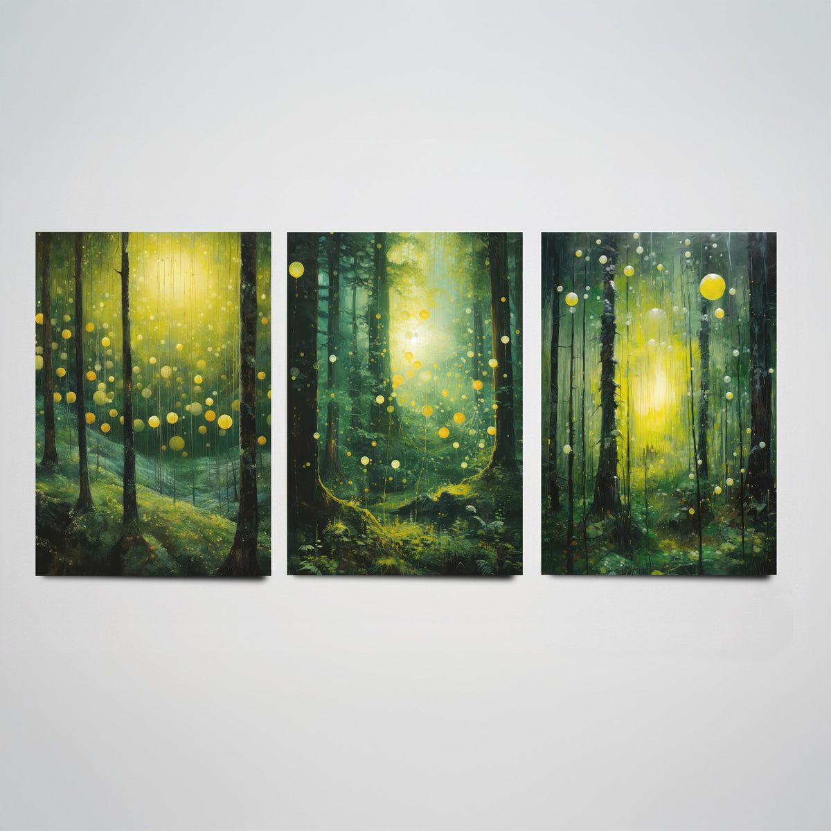 Enchanted Green Forest Set of Three Art Prints - Glowing Yellow Light and Fireflies - Moody Woodland Painting Poster