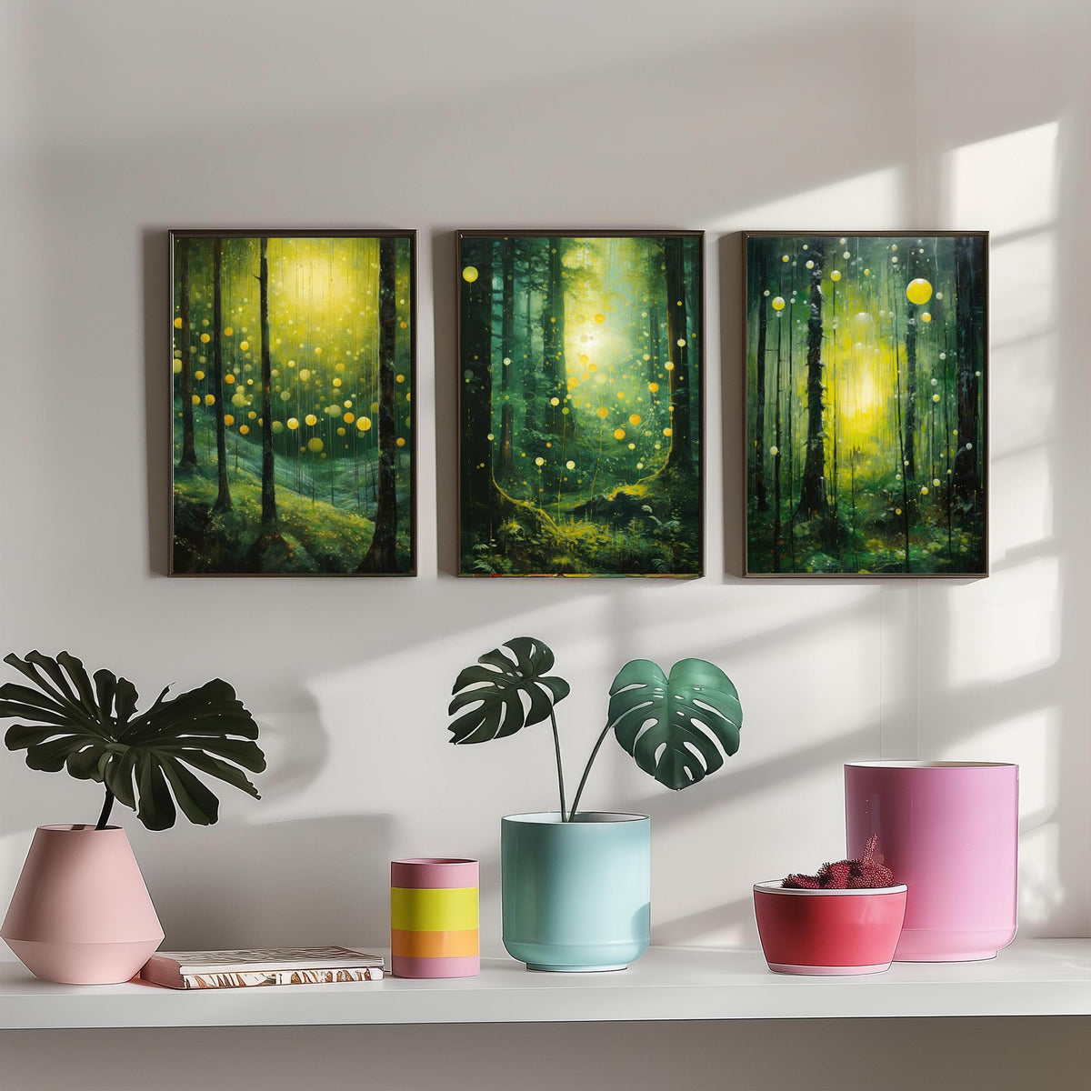 Enchanted Green Forest Set of Three Art Prints - Glowing Yellow Light and Fireflies - Moody Woodland Painting Poster
