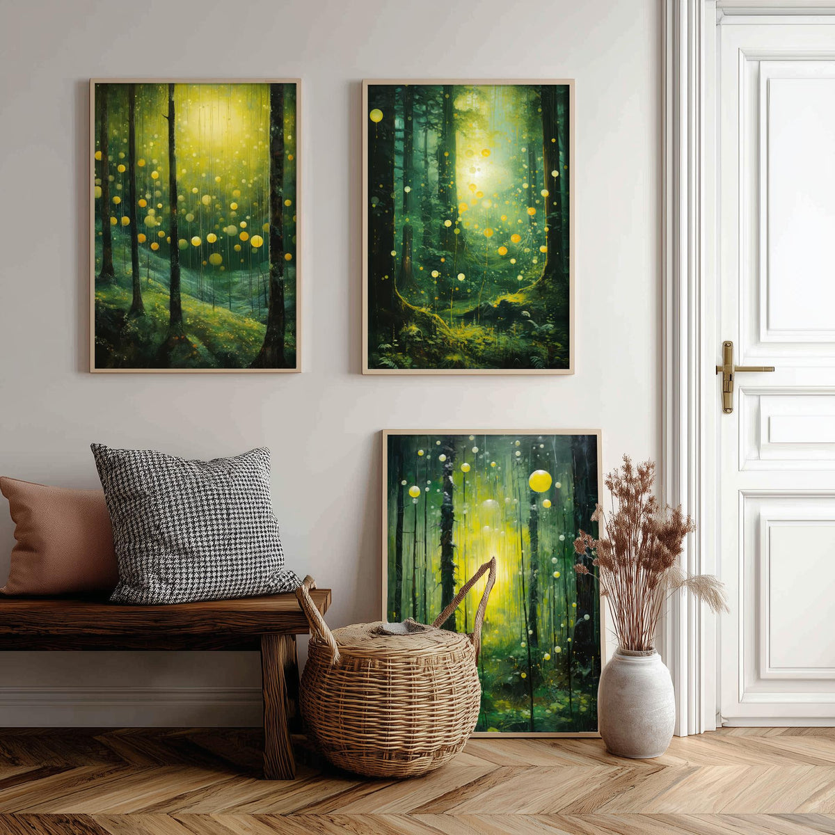Enchanted Green Forest Set of Three Art Prints - Glowing Yellow Light and Fireflies - Moody Woodland Painting Poster