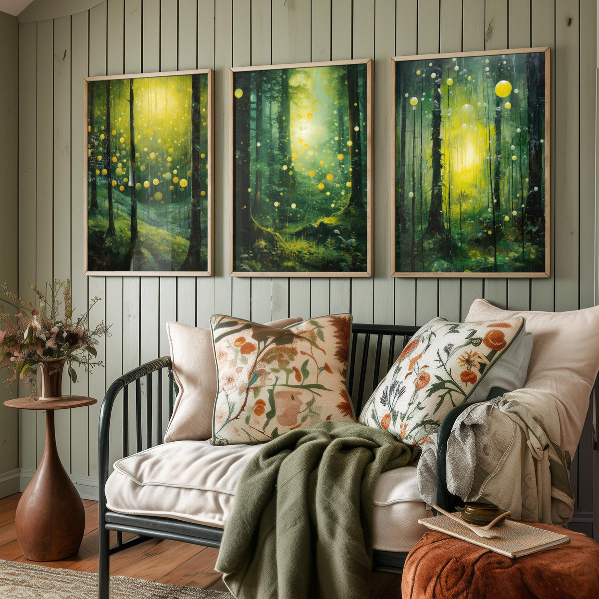 Enchanted Green Forest Set of Three Art Prints - Glowing Yellow Light and Fireflies - Moody Woodland Painting Poster