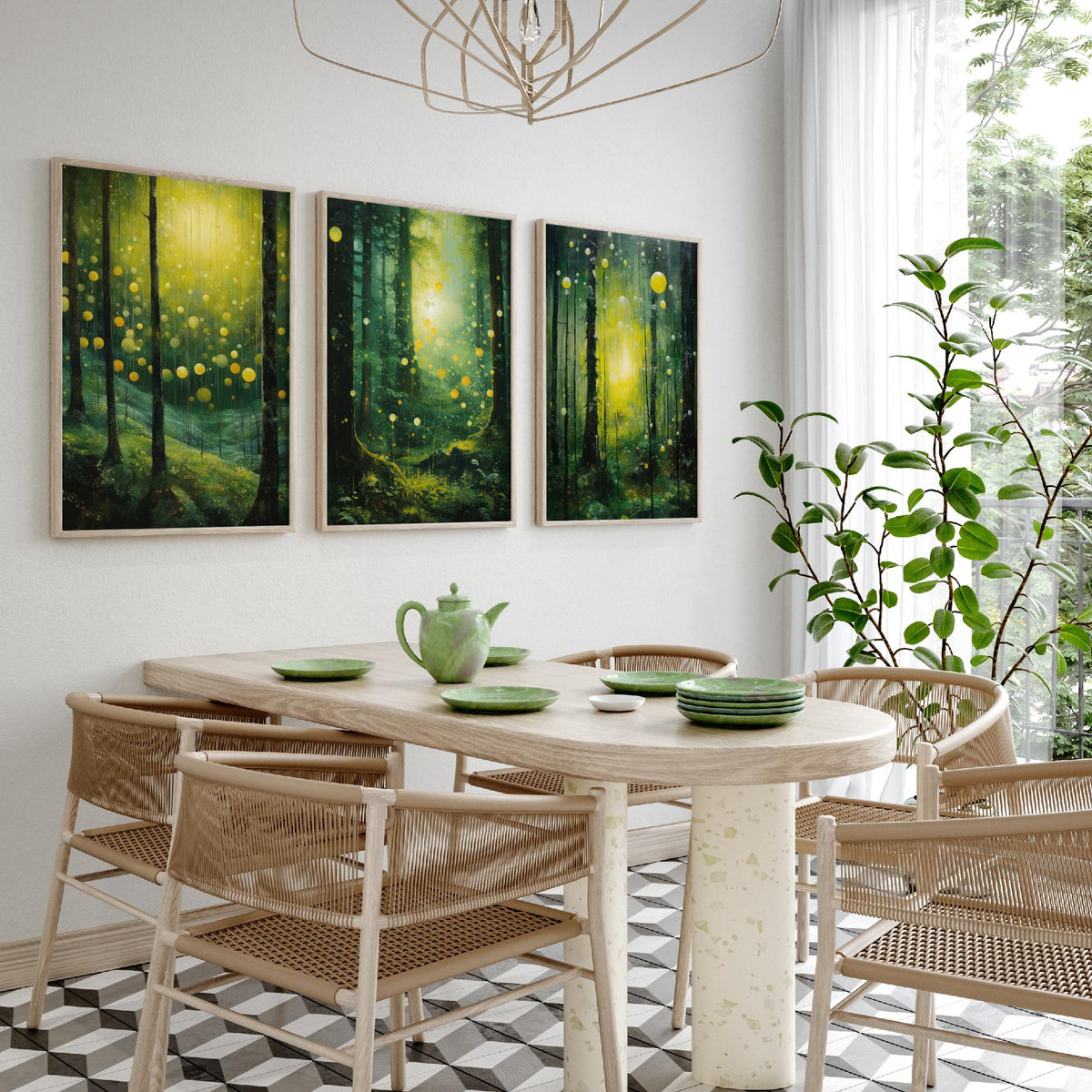 Enchanted Green Forest Set of Three Art Prints - Glowing Yellow Light and Fireflies - Moody Woodland Painting Poster