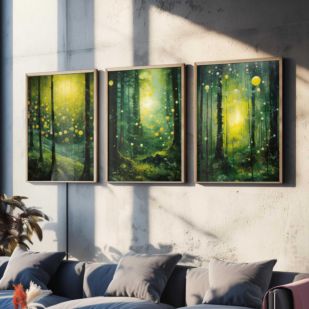 Enchanted Green Forest Set of Three Art Prints - Glowing Yellow Light and Fireflies - Moody Woodland Painting Poster