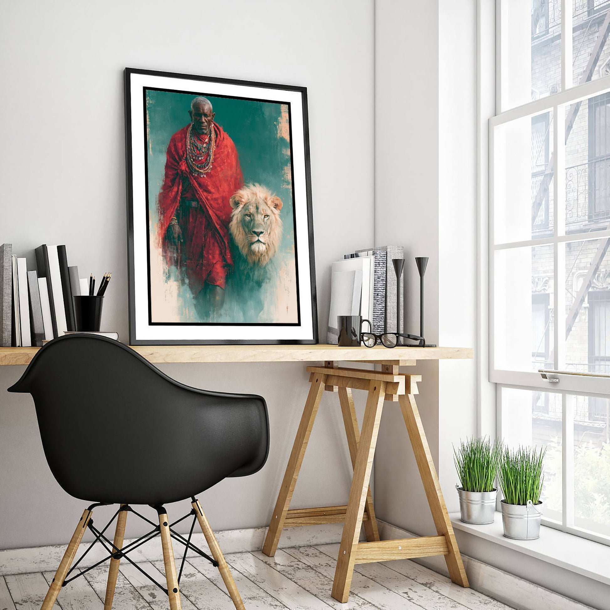 Maasai Warrior Art Print - White Lion Painting - African Safari Poster