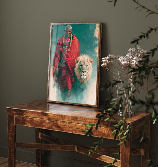 Maasai Warrior Art Print - White Lion Painting - African Safari Poster