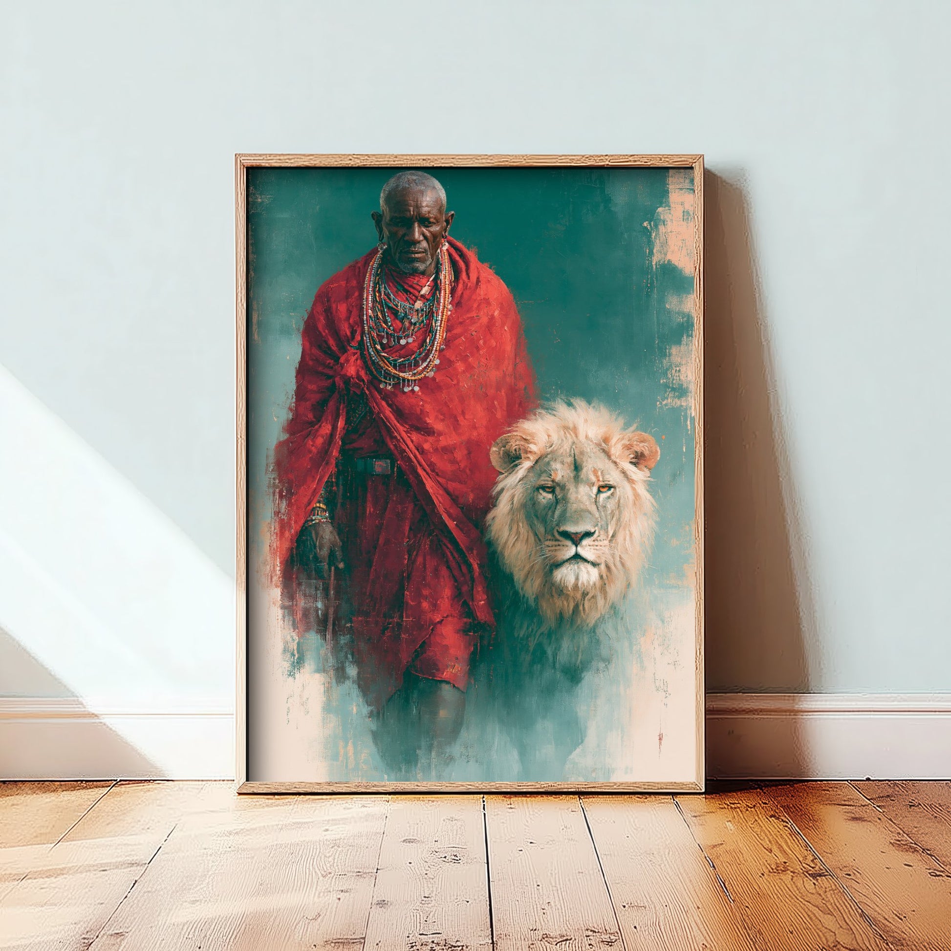 Maasai Warrior Art Print - White Lion Painting - African Safari Poster