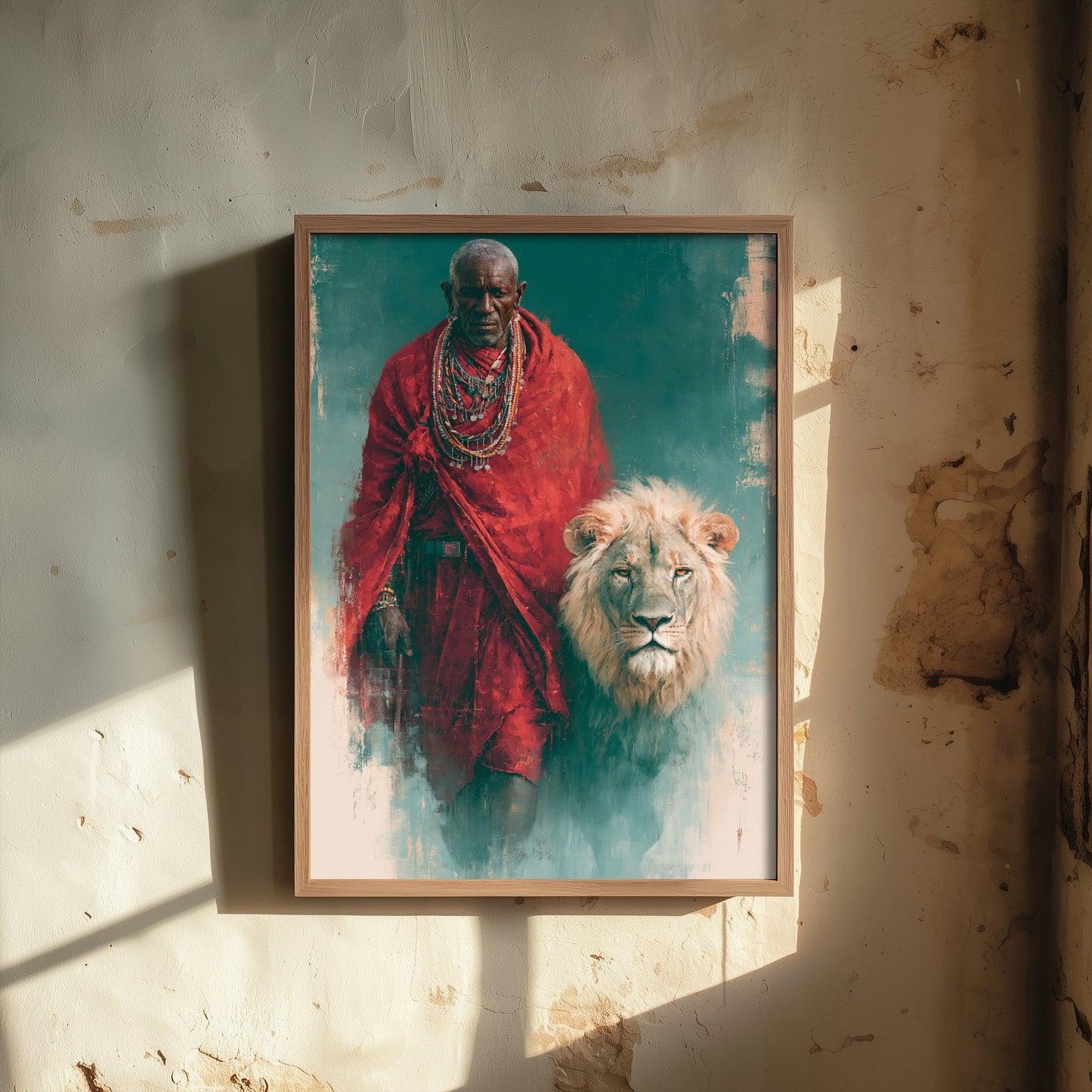 Maasai Warrior Art Print - White Lion Painting - African Safari Poster