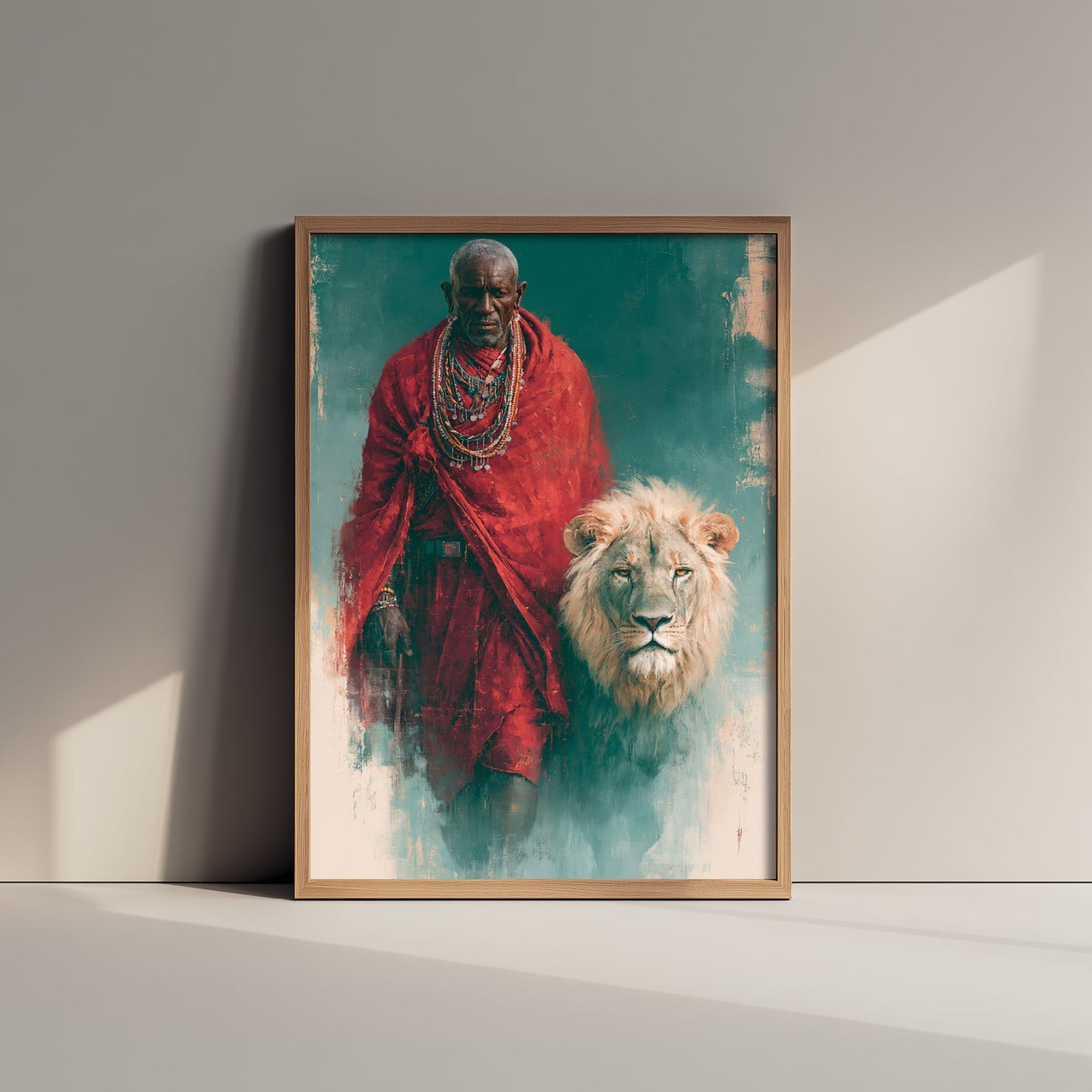 Maasai Warrior Art Print - White Lion Painting - African Safari Poster