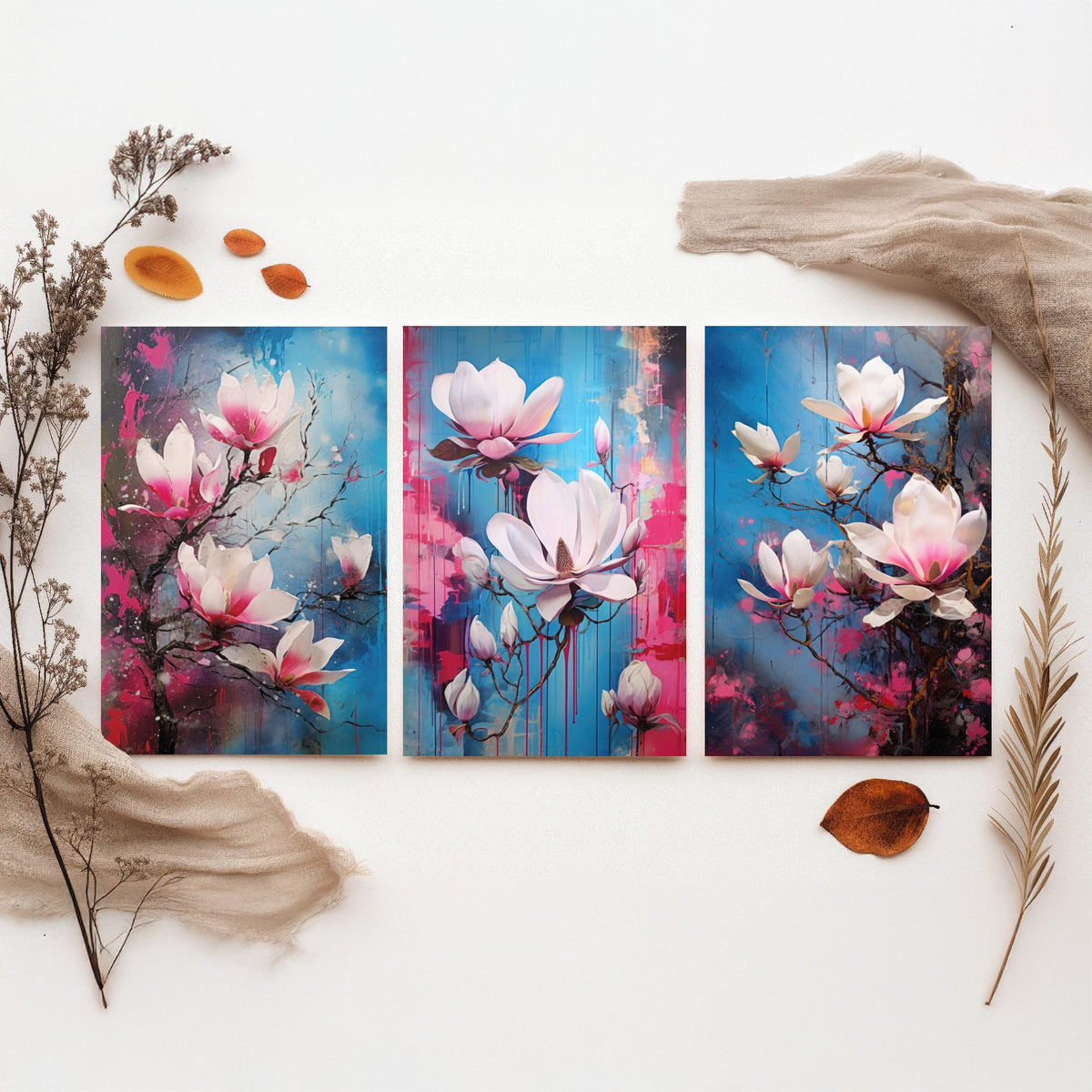 Magnolias Set of Three Art Prints - Pink and White Blooms on Blue - Abstract Floral Painting Poster