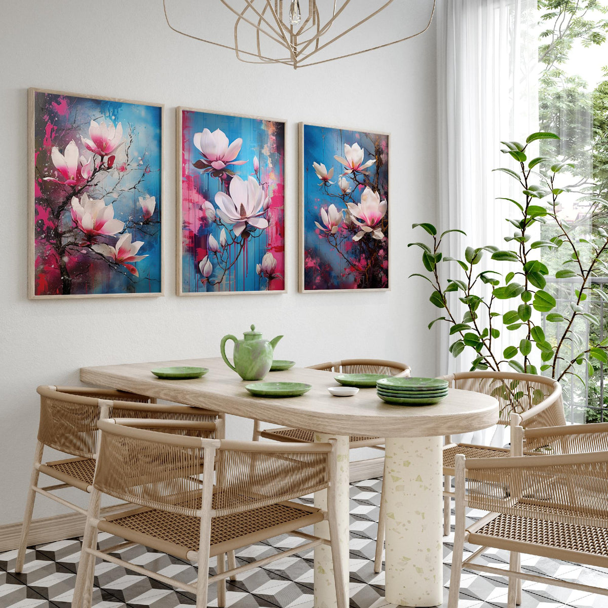 Magnolias Set of Three Art Prints - Pink and White Blooms on Blue - Abstract Floral Painting Poster