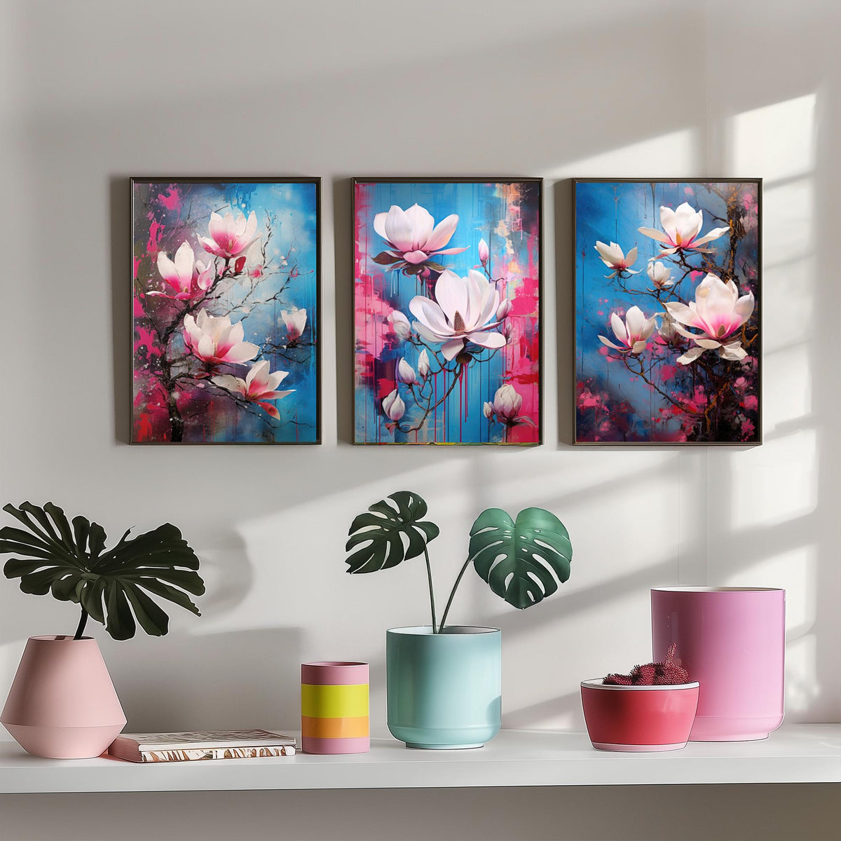 Magnolias Set of Three Art Prints - Pink and White Blooms on Blue - Abstract Floral Painting Poster