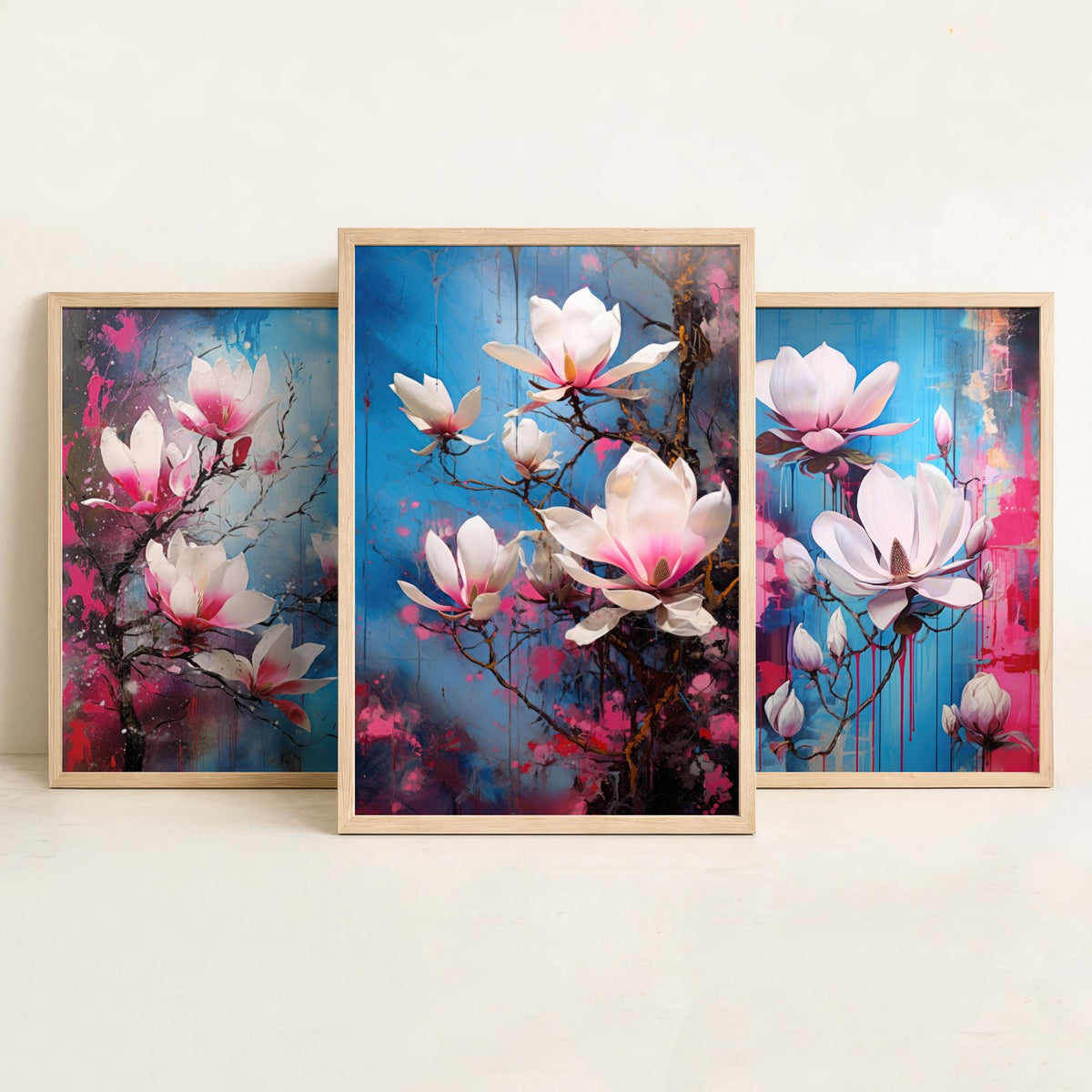 Magnolias Set of Three Art Prints - Pink and White Blooms on Blue - Abstract Floral Painting Poster