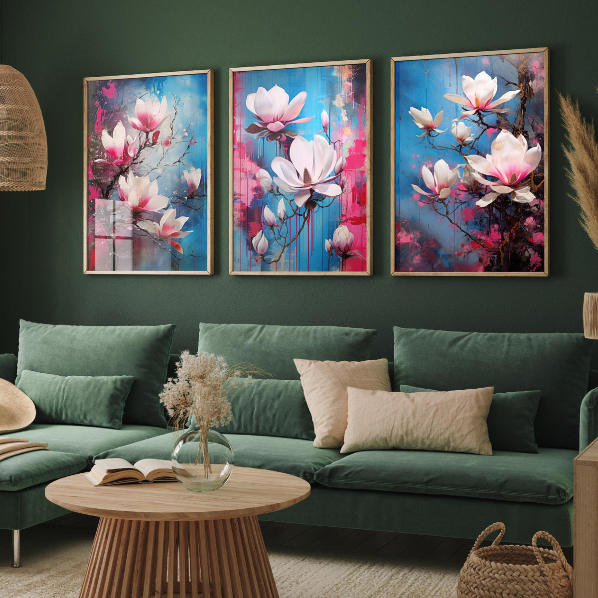 Magnolias Set of Three Art Prints - Pink and White Blooms on Blue - Abstract Floral Painting Poster