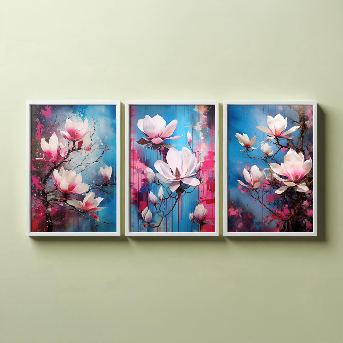 Magnolias Set of Three Art Prints - Pink and White Blooms on Blue - Abstract Floral Painting Poster