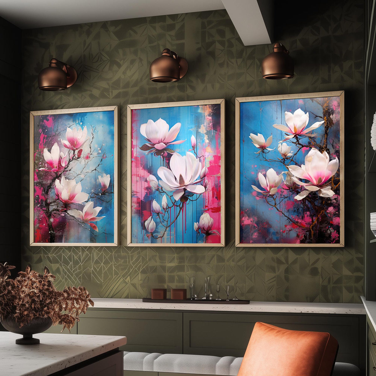 Magnolias Set of Three Art Prints - Pink and White Blooms on Blue - Abstract Floral Painting Poster