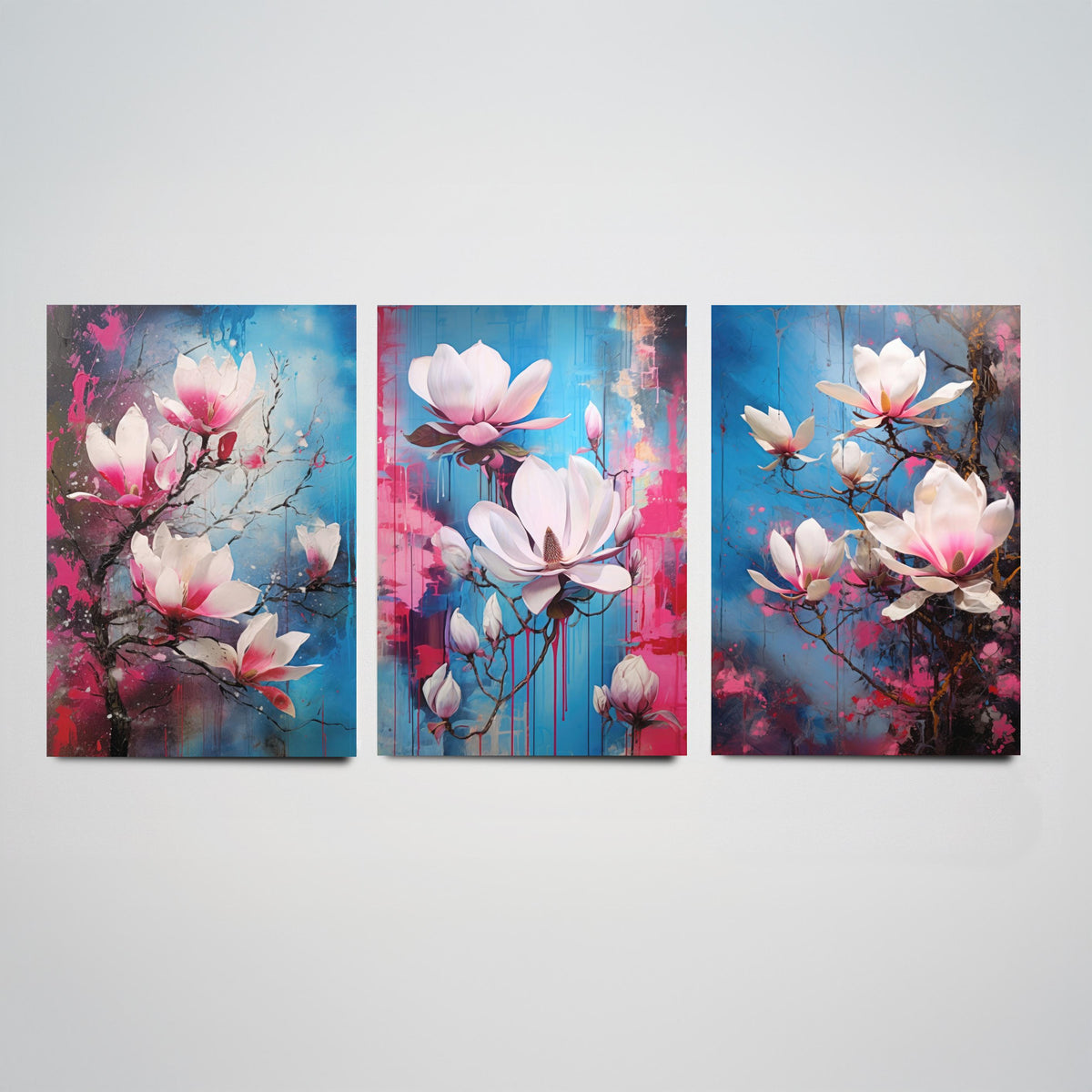 Magnolias Set of Three Art Prints - Pink and White Blooms on Blue - Abstract Floral Painting Poster