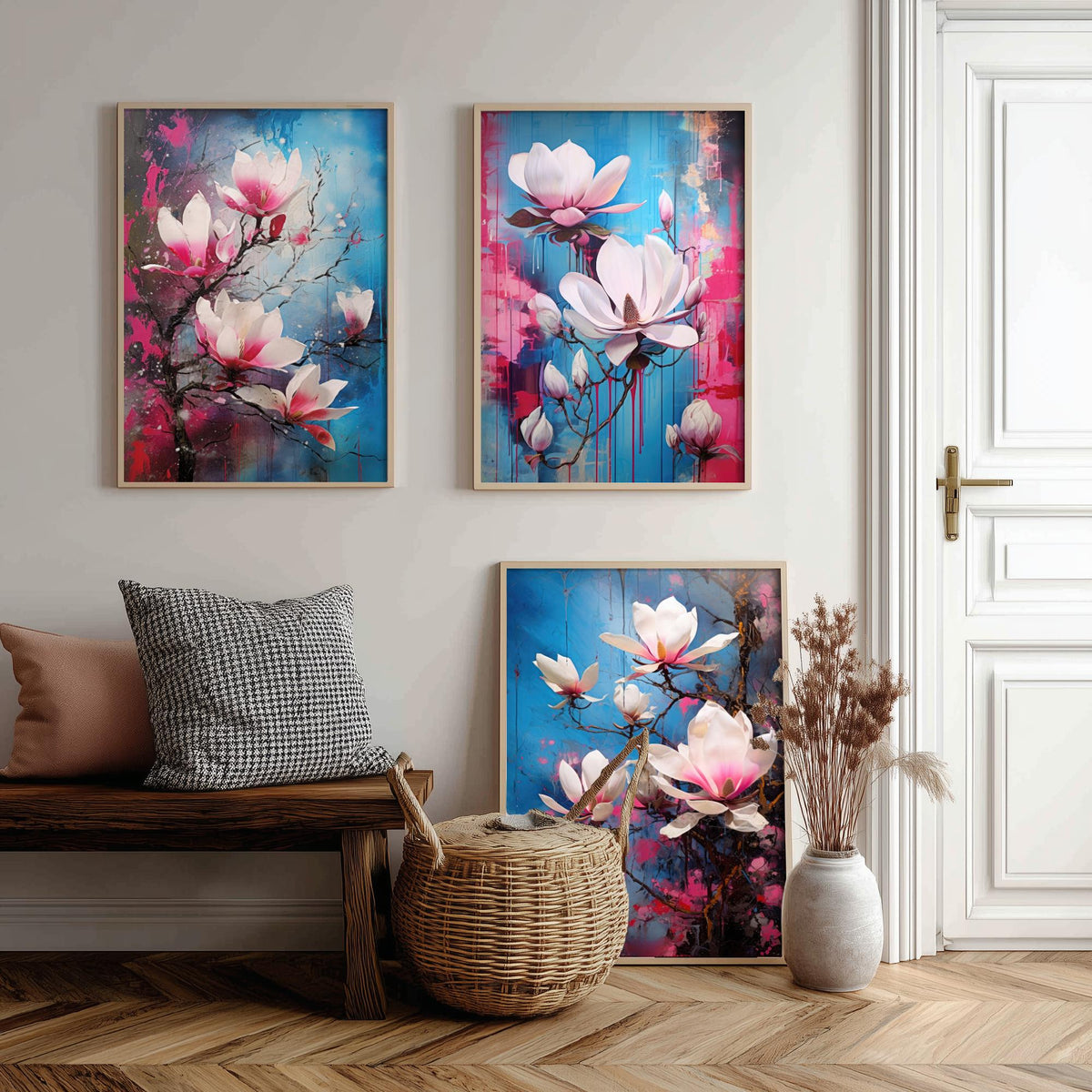 Magnolias Set of Three Art Prints - Pink and White Blooms on Blue - Abstract Floral Painting Poster