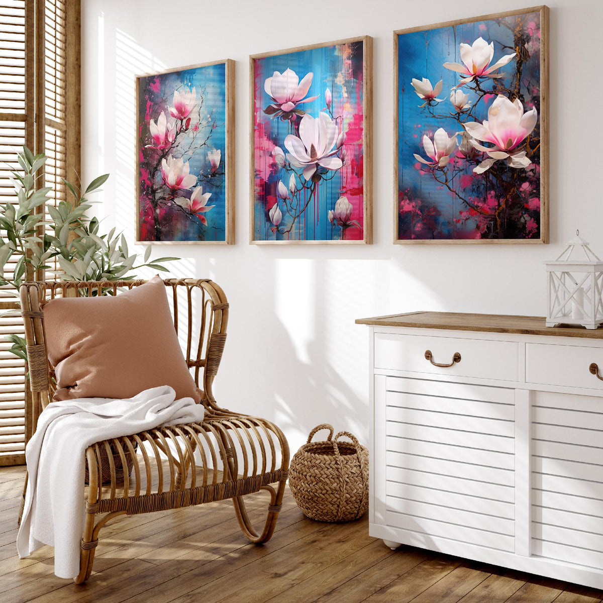 Magnolias Set of Three Art Prints - Pink and White Blooms on Blue - Abstract Floral Painting Poster
