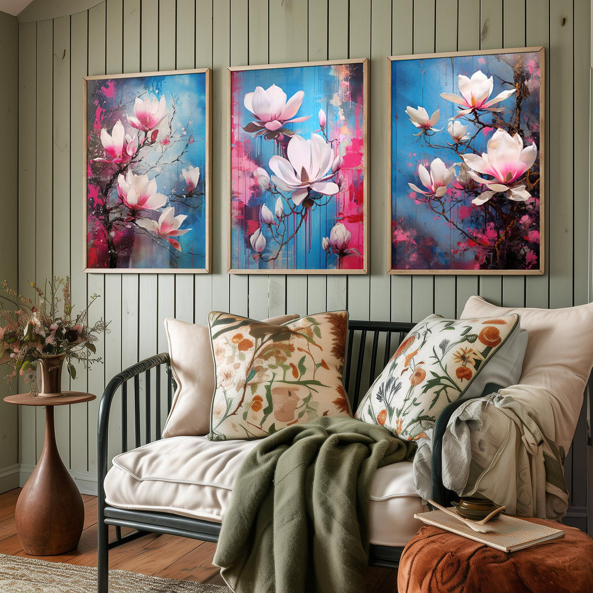 Magnolias Set of Three Art Prints - Pink and White Blooms on Blue - Abstract Floral Painting Poster