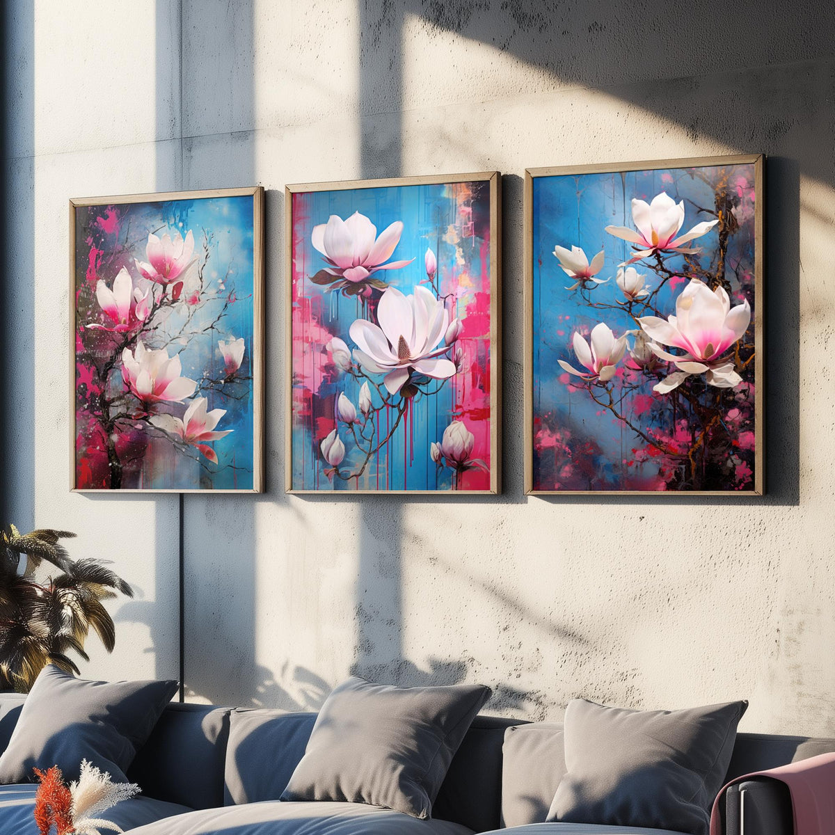 Magnolias Set of Three Art Prints - Pink and White Blooms on Blue - Abstract Floral Painting Poster