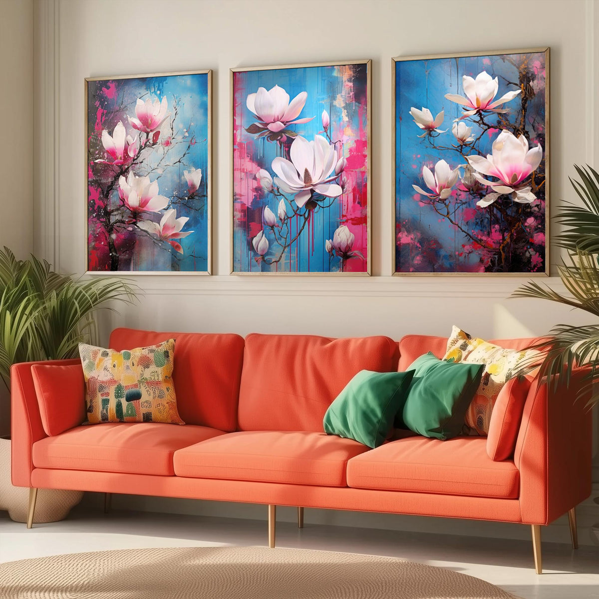 Magnolias Set of Three Art Prints - Pink and White Blooms on Blue - Abstract Floral Painting Poster