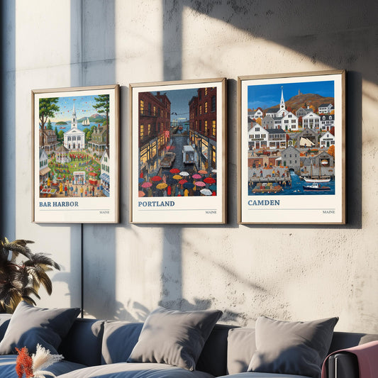 Maine Set of Three Art Prints - Bar Harbor, Portland, Camden - 3 Colourful Folk Illustration Travel Posters - New England Painting