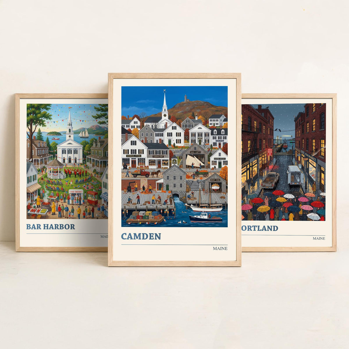 Maine Set of Three Art Prints - Bar Harbor, Portland, Camden - 3 Colourful Folk Illustration Travel Posters - New England Painting