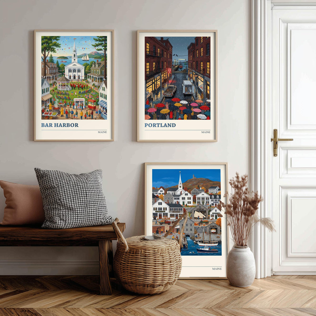 Maine Set of Three Art Prints - Bar Harbor, Portland, Camden - 3 Colourful Folk Illustration Travel Posters - New England Painting