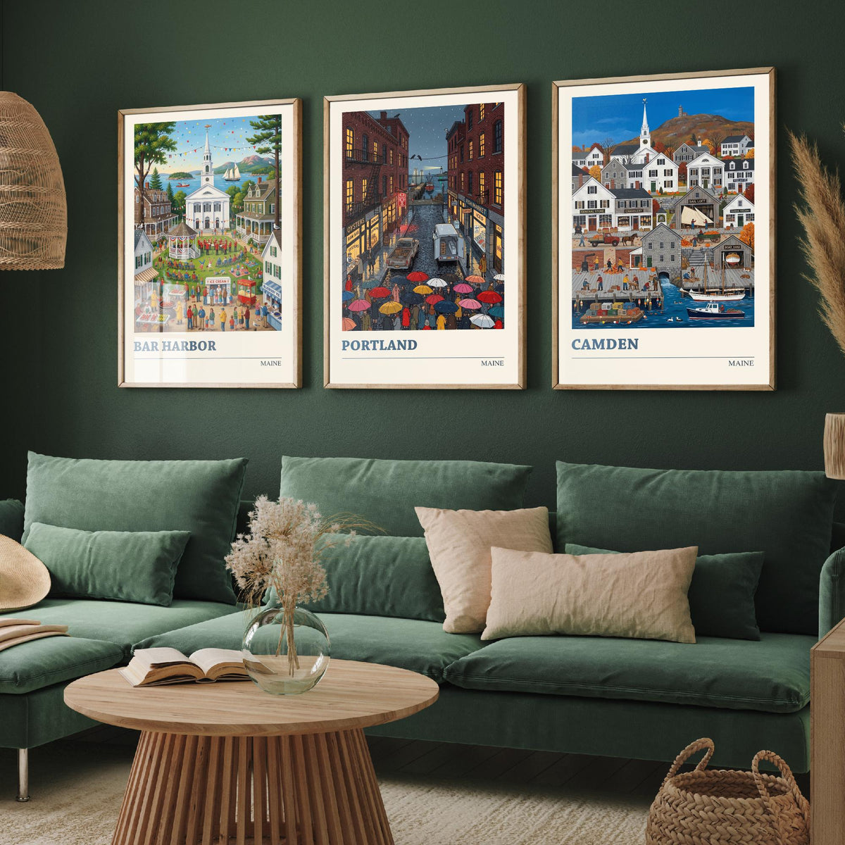 Maine Set of Three Art Prints - Bar Harbor, Portland, Camden - 3 Colourful Folk Illustration Travel Posters - New England Painting