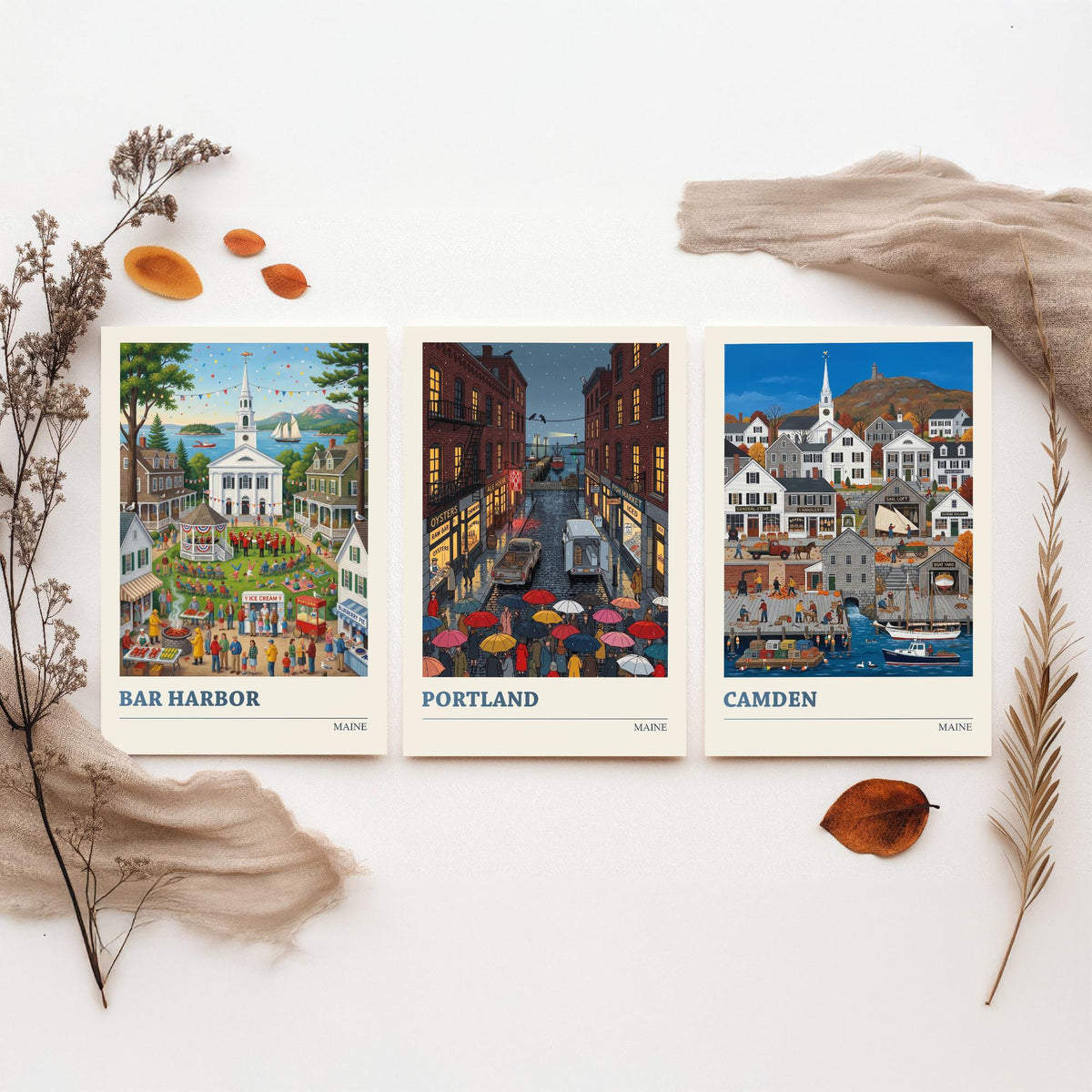 Maine Set of Three Art Prints - Bar Harbor, Portland, Camden - 3 Colourful Folk Illustration Travel Posters - New England Painting