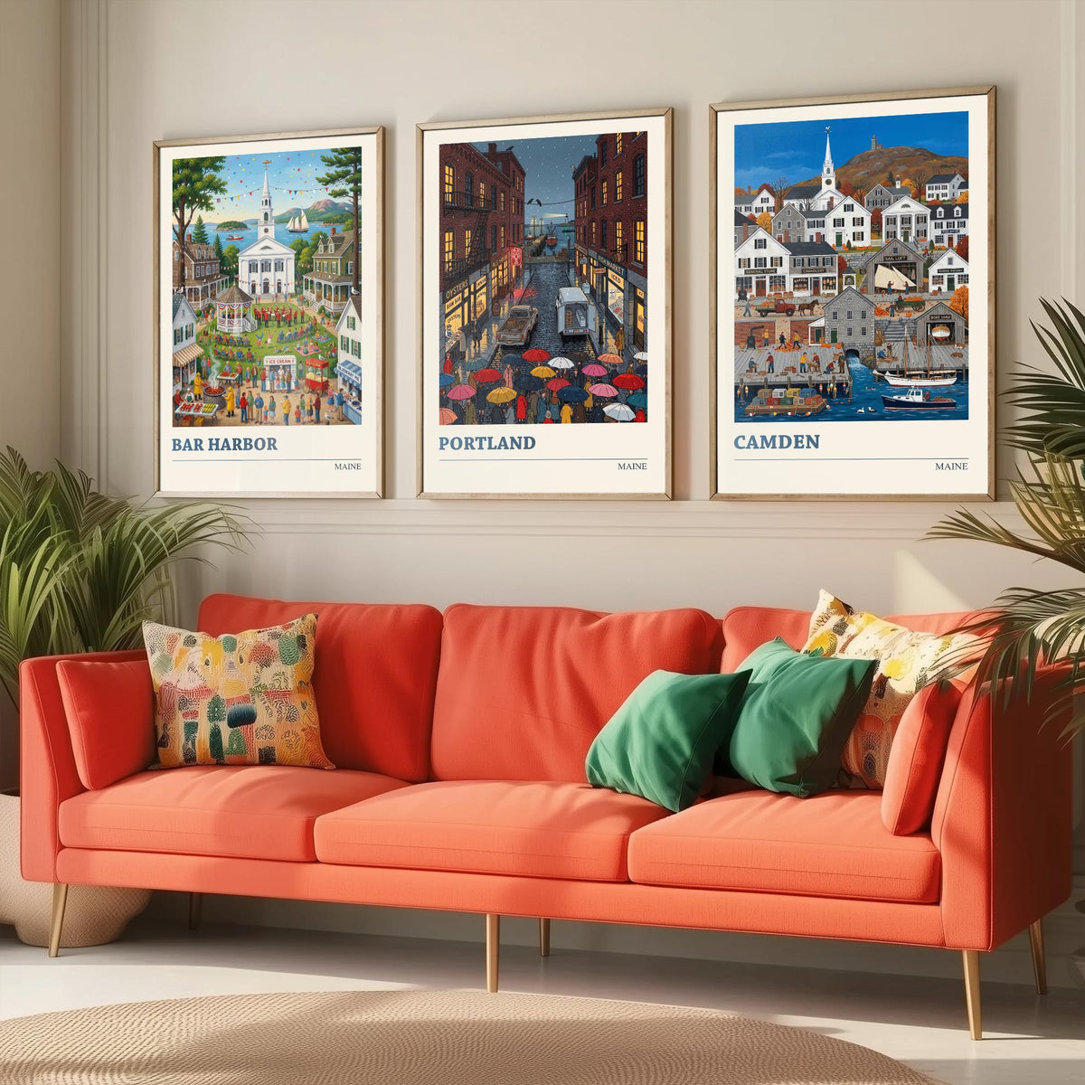 Maine Set of Three Art Prints - Bar Harbor, Portland, Camden - 3 Colourful Folk Illustration Travel Posters - New England Painting