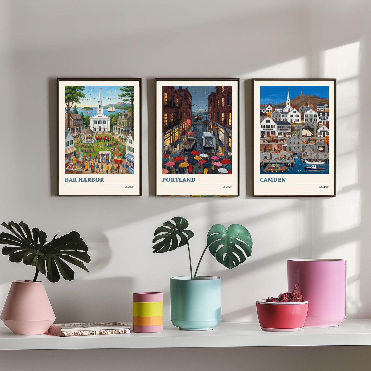 Maine Set of Three Art Prints - Bar Harbor, Portland, Camden - 3 Colourful Folk Illustration Travel Posters - New England Painting
