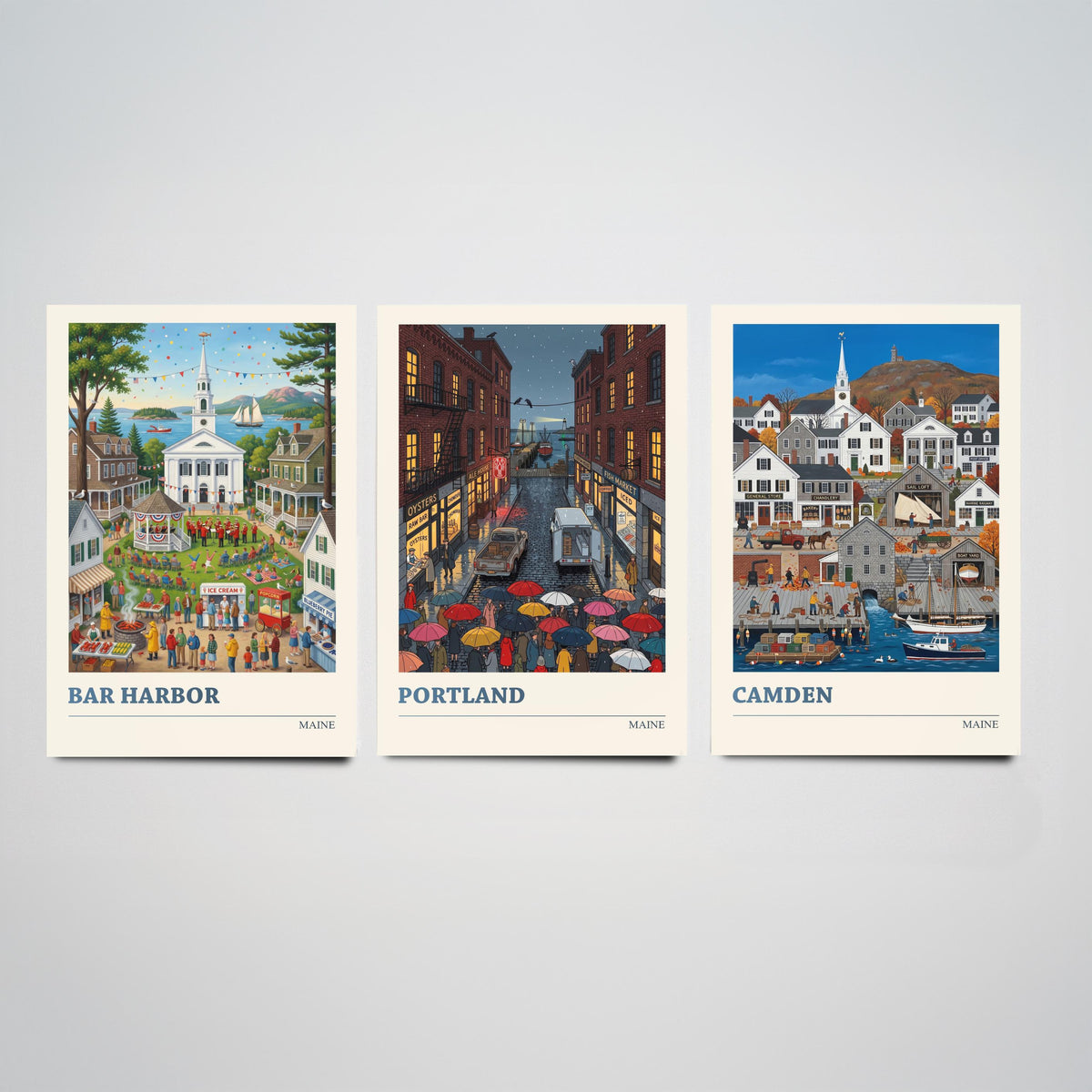 Maine Set of Three Art Prints - Bar Harbor, Portland, Camden - 3 Colourful Folk Illustration Travel Posters - New England Painting