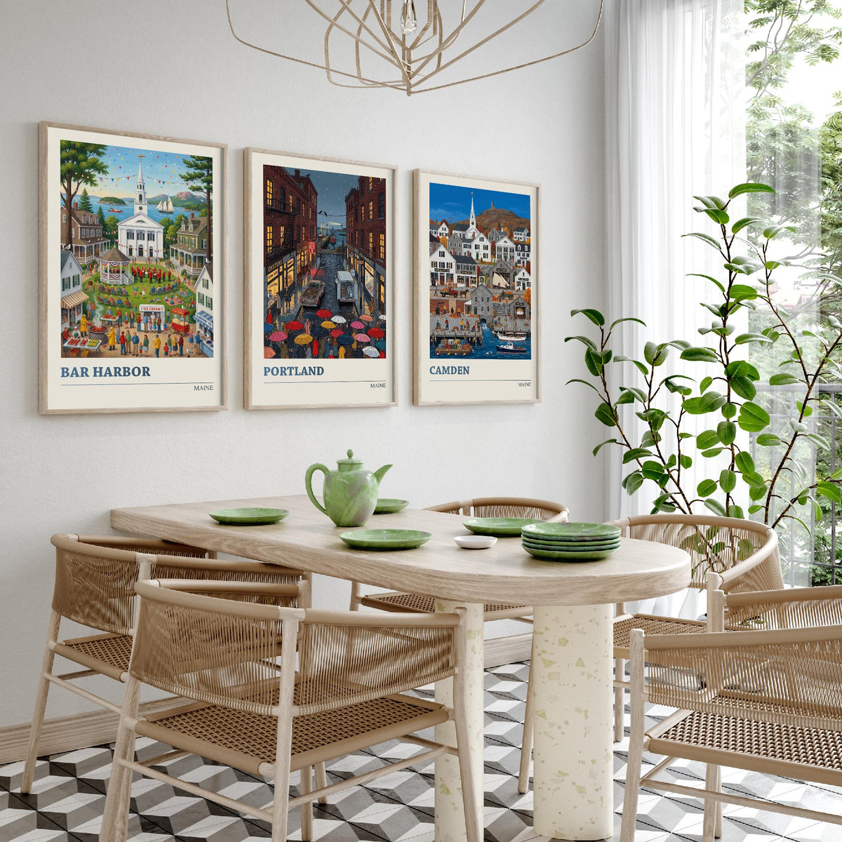 Maine Set of Three Art Prints - Bar Harbor, Portland, Camden - 3 Colourful Folk Illustration Travel Posters - New England Painting