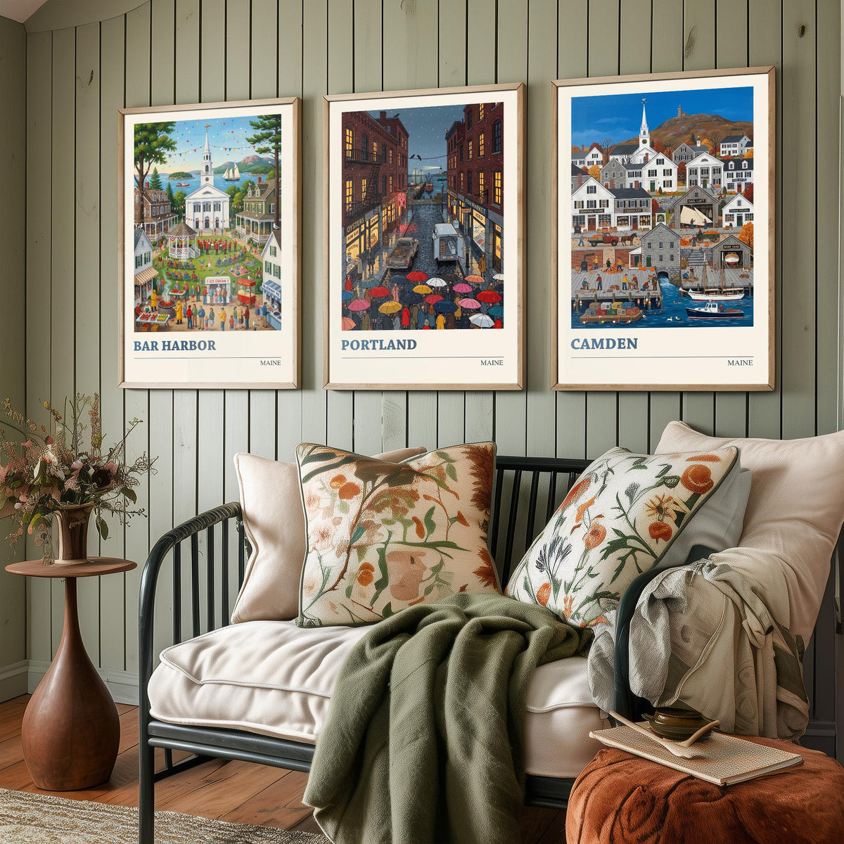 Maine Set of Three Art Prints - Bar Harbor, Portland, Camden - 3 Colourful Folk Illustration Travel Posters - New England Painting
