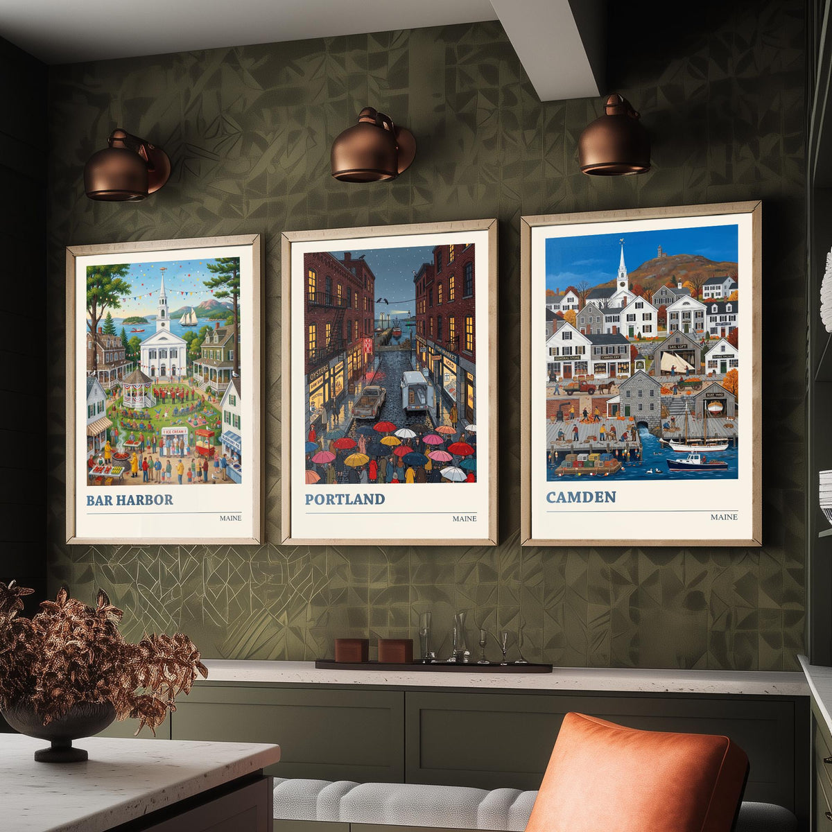 Maine Set of Three Art Prints - Bar Harbor, Portland, Camden - 3 Colourful Folk Illustration Travel Posters - New England Painting