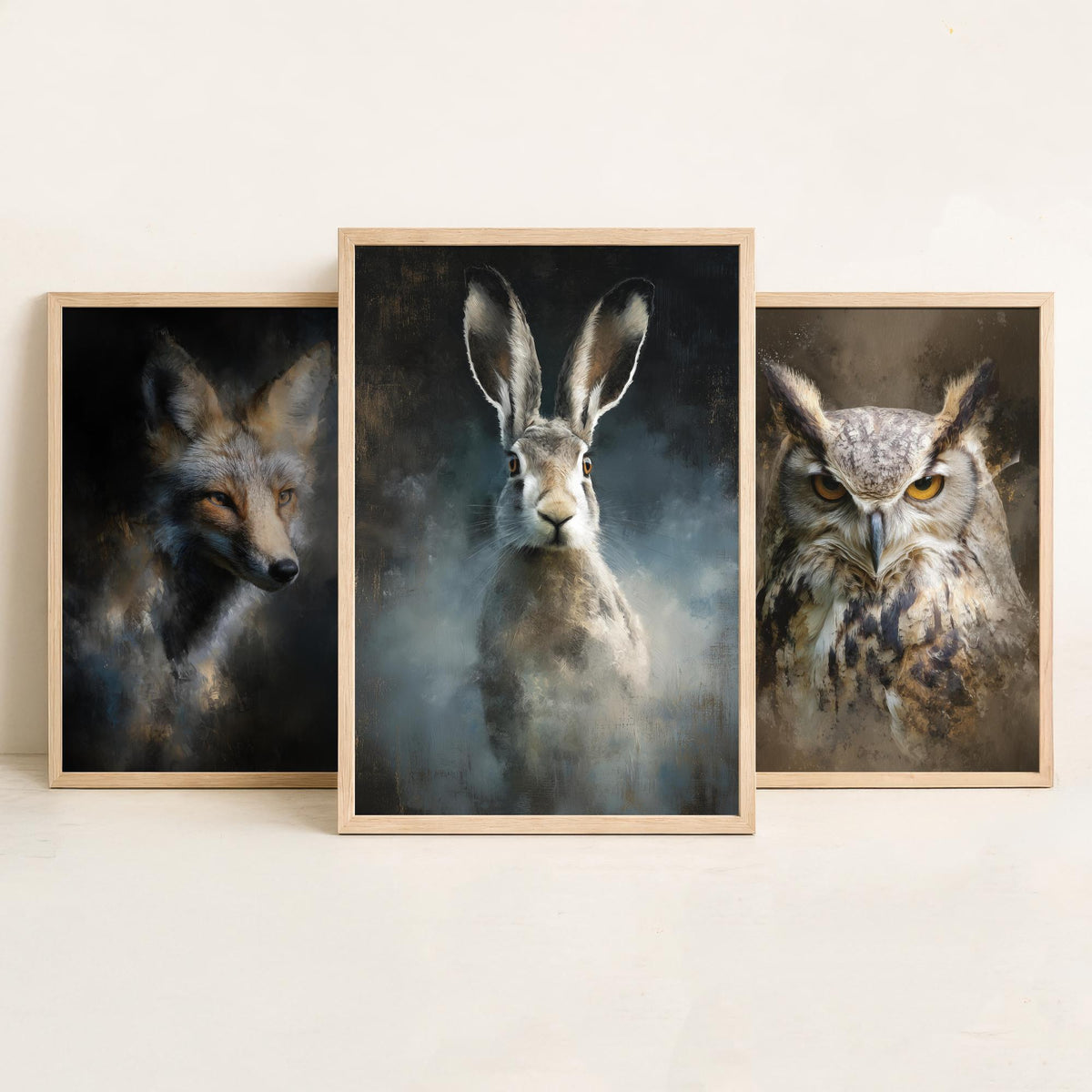 Majestic Emergence Art Prints - Set of Three British Wildlife Posters - Fox Owl Hare Paintings