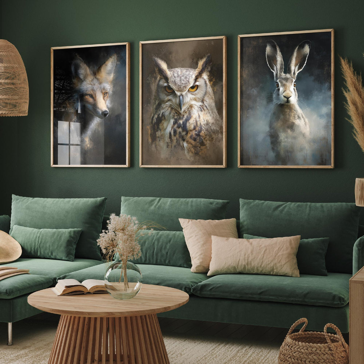 Majestic Emergence Art Prints - Set of Three British Wildlife Posters - Fox Owl Hare Paintings