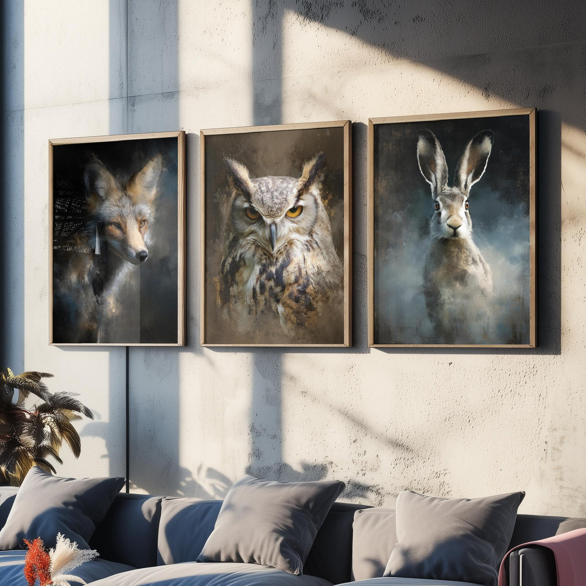 Majestic Emergence Art Prints - Set of Three British Wildlife Posters - Fox Owl Hare Paintings