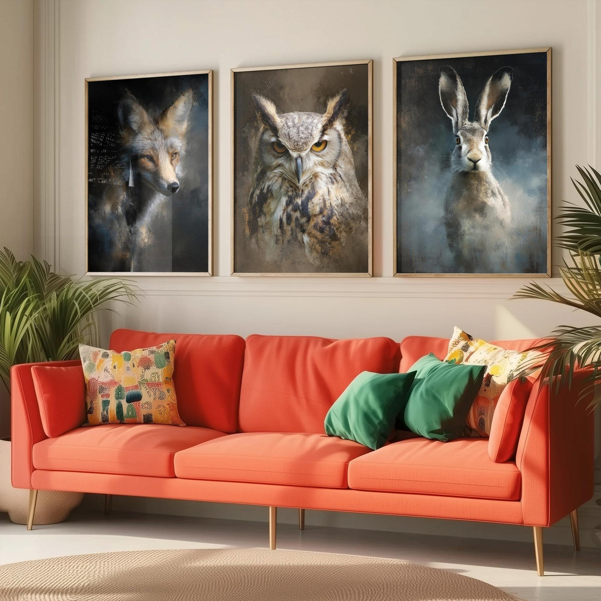 Majestic Emergence Art Prints - Set of Three British Wildlife Posters - Fox Owl Hare Paintings