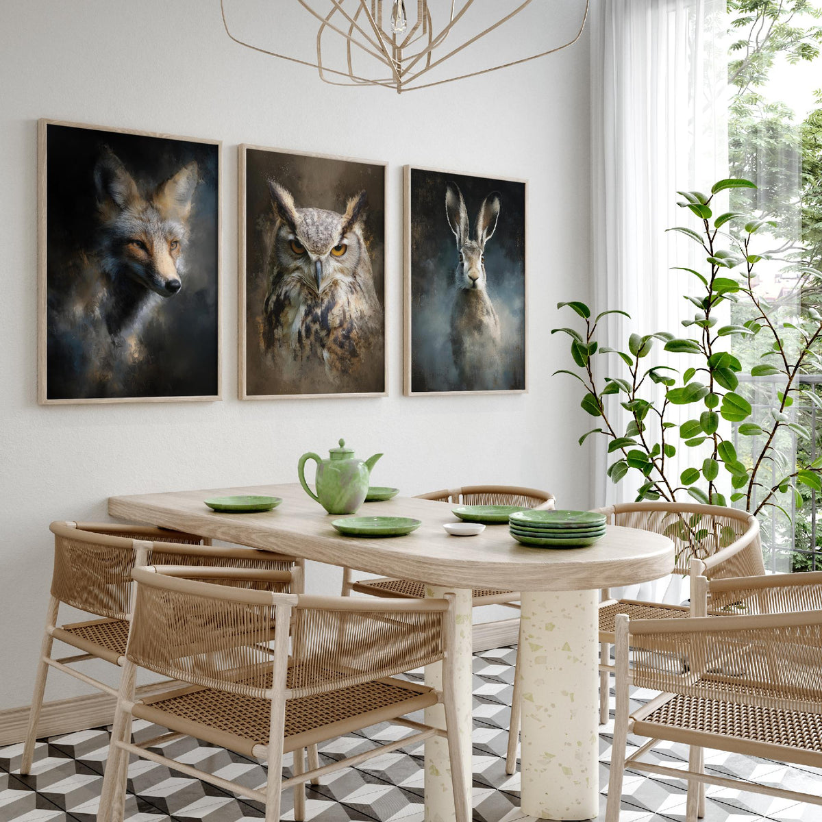 Majestic Emergence Art Prints - Set of Three British Wildlife Posters - Fox Owl Hare Paintings