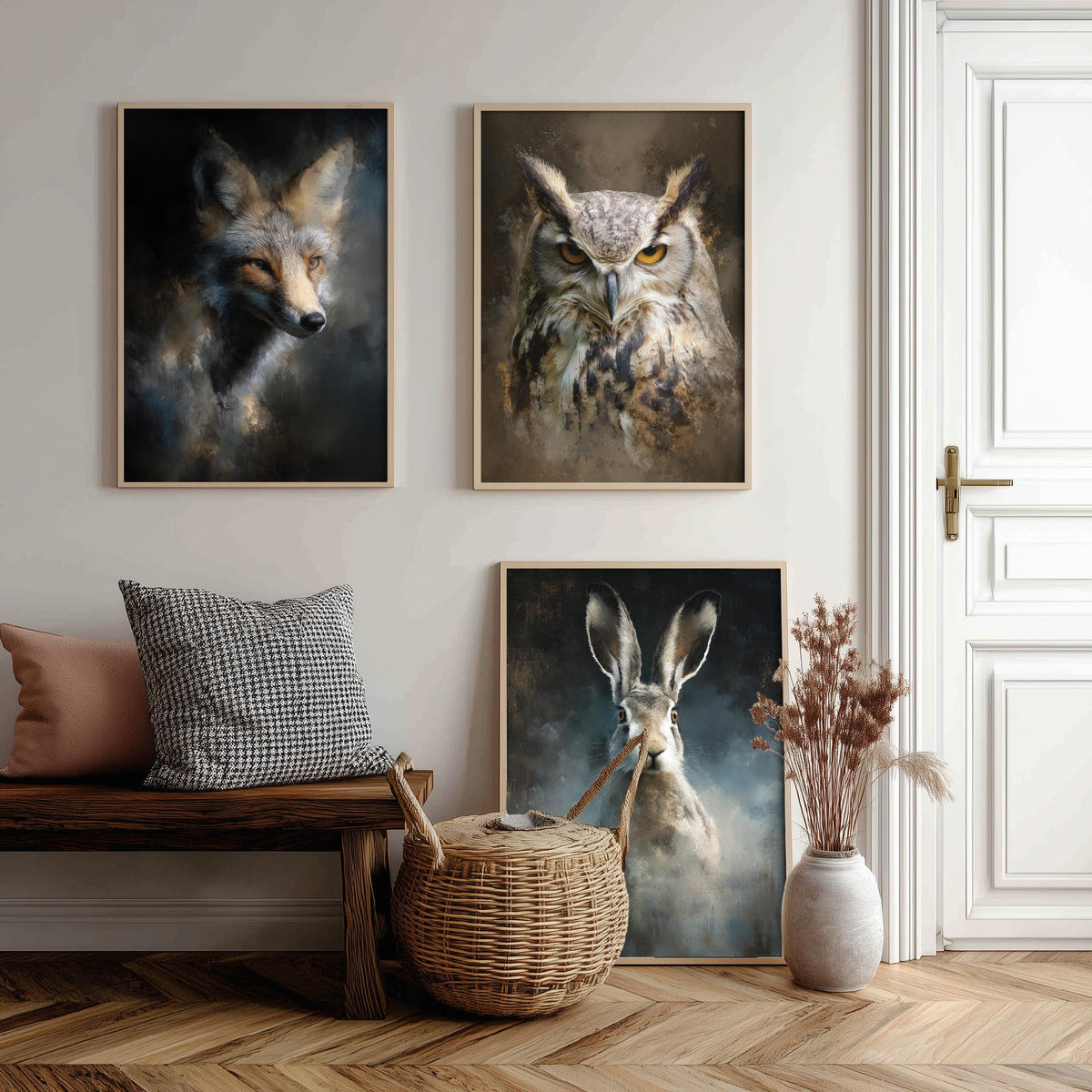 Majestic Emergence Art Prints - Set of Three British Wildlife Posters - Fox Owl Hare Paintings