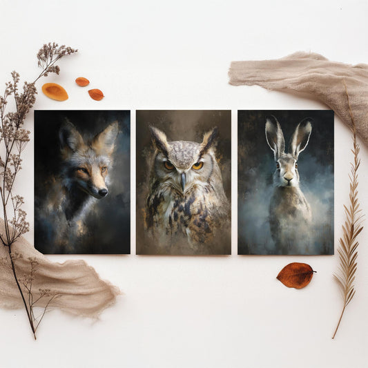 Majestic Emergence Art Prints - Set of Three British Wildlife Posters - Fox Owl Hare Paintings