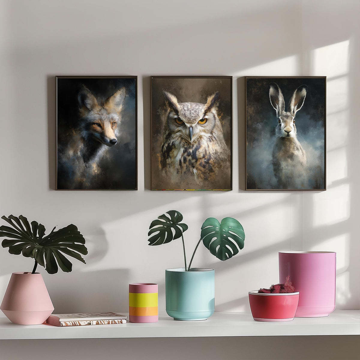Majestic Emergence Art Prints - Set of Three British Wildlife Posters - Fox Owl Hare Paintings