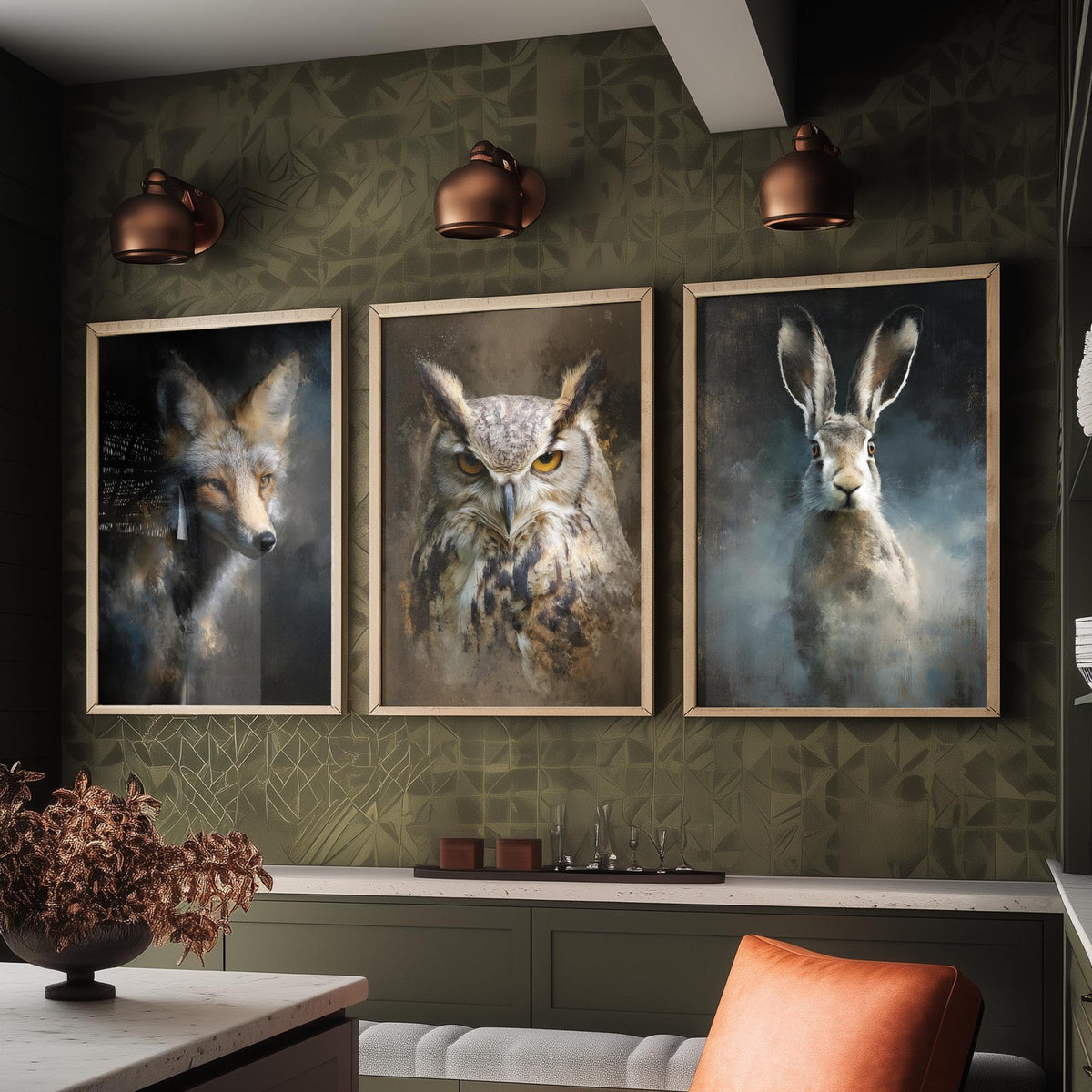 Majestic Emergence Art Prints - Set of Three British Wildlife Posters - Fox Owl Hare Paintings