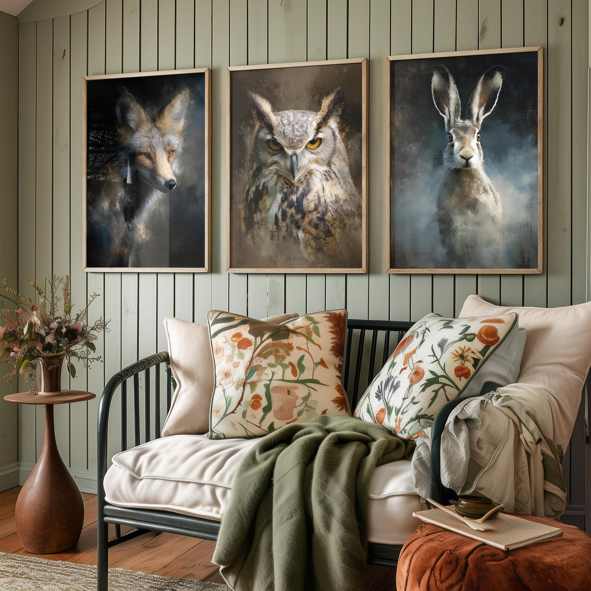 Majestic Emergence Art Prints - Set of Three British Wildlife Posters - Fox Owl Hare Paintings