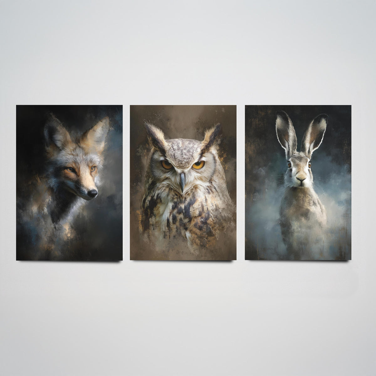Majestic Emergence Art Prints - Set of Three British Wildlife Posters - Fox Owl Hare Paintings