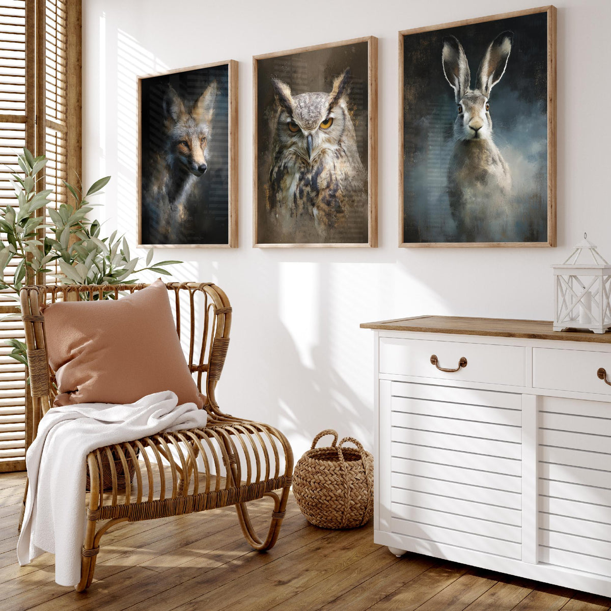 Majestic Emergence Art Prints - Set of Three British Wildlife Posters - Fox Owl Hare Paintings