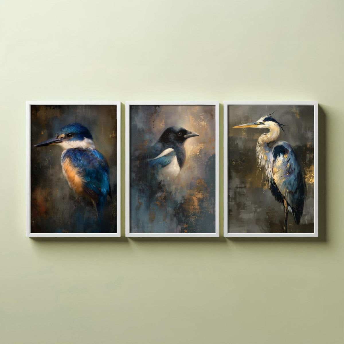 Majestic Emergence Art Prints - Set of Three British Birds Posters - Kingfisher Magpie Heron Paintings